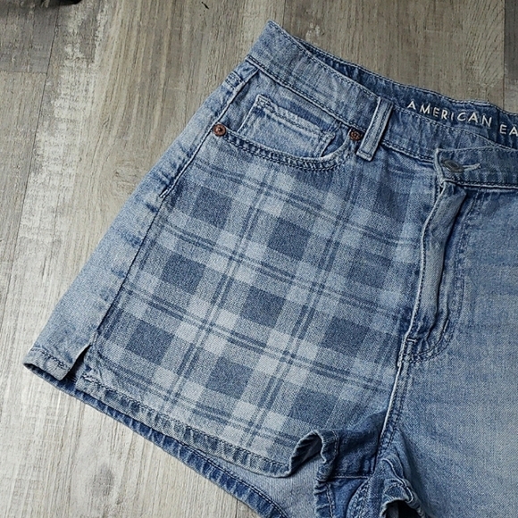 AEO American Eagle Highest Rise Mom Short Light Denim Plaid Cotton Size 2 - Picture 2 of 13